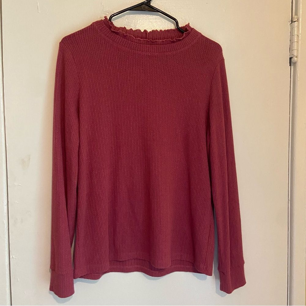 Pink Clover Ribbed Knit Long Sleeve Top Ruffle Mock Neck Mauve M